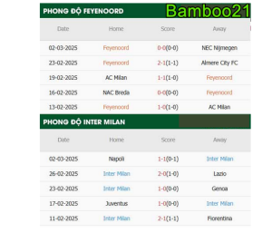 Phong độ thi đấu gần đây Feyenoord vs Inter Milan